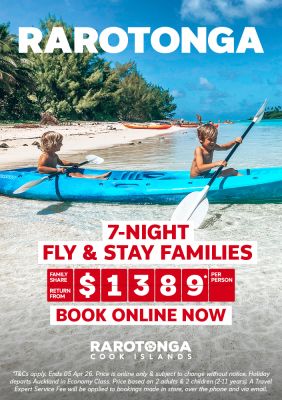 7-Night Fly & Stay Raro Family holiday return from $1389*pp family share bookable online