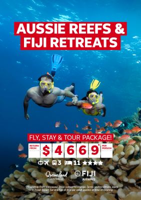 Aussie Reefs & Fiji Retreats. Fly, Stay and Tour Package! 11-nights return from $4669* per person. Queensland Tourism and Fiji Airways