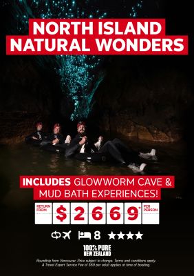 North Island Natural Wonders - Includes Glowworm Cave & mud bath experiences! 8-nights return from $2669* per person