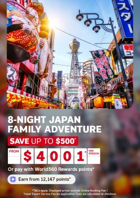 Glowing lanterns and neon signs light up a bustling Osaka street at dusk for an 8-night Japan family adventure saving up to 500 from 401 per person