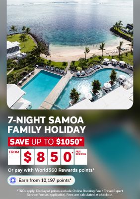 Aerial view of a beachfront resort with pools overlooking a tranquil bay for a 7-night Samoa family holiday saving up to 1050 from 850 per person