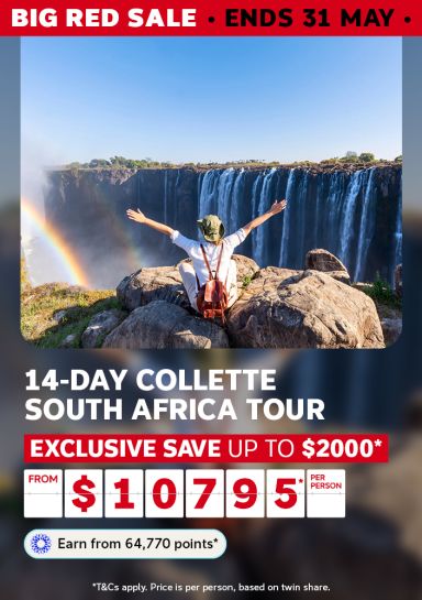 Person with arms raised on rocks before Victoria Falls for a 14-day Collette South Africa Tour saving up to $2000 from $10795 per person