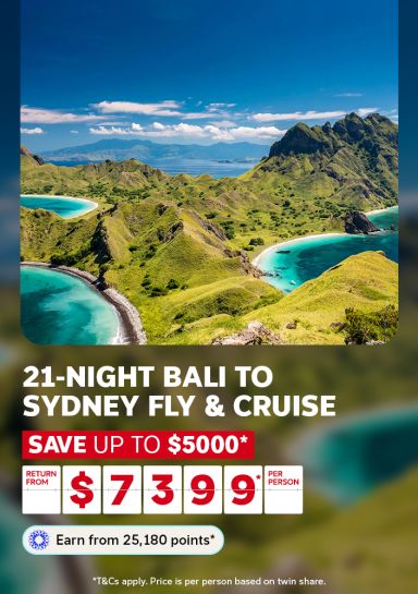 Aerial view of Padar Island's green hills and turquoise coves for a 21-night Bali to Sydney fly and cruise saving up to $5000 from $7399 per person