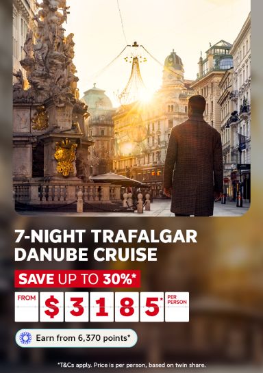 Man admiring golden sunlit Vienna street monuments for a 7-night Trafalgar Danube cruise saving up to 30% from $3185 per person