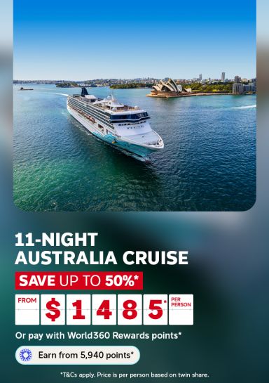 Cruise ship passing the Sydney Opera House on calm harbour waters for an 11-night Australia cruise saving up to 50% from $1485 per person