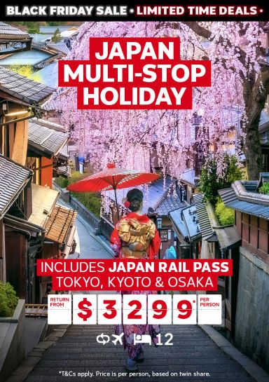 Japan multi-stop holiday. Includes Japan rail pass. Tokyo, Kyoto & Osaka return from $3299* per person