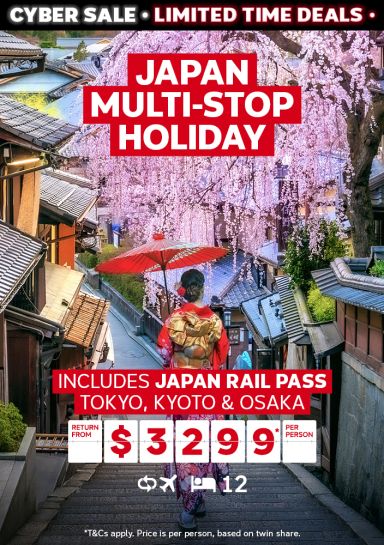 Japan multi-stop holiday. Includes Japan rail pass Tokyo, Kyoto & Osaka return from $3299* per person