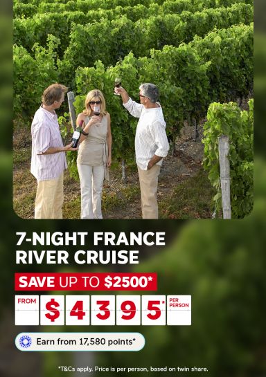 Friends toasting wine glasses amid lush vineyard rows for a 7-night France river cruise saving up to $2500 from $4395 per person