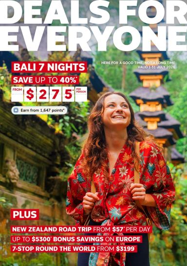 Smiling traveller exploring a lush Balinese temple featuring Bali 7 nights saving up to 40% from $275 plus New Zealand Europe and round the world deals