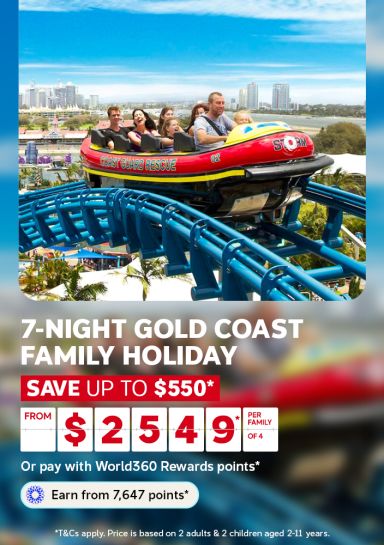 Family laughing on a rollercoaster overlooking the Gold Coast skyline for a 7-night family holiday saving up to $550 from $2549 per family of 4