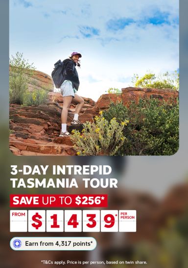 A travel promotional banner featuring a smiling woman wearing a purple cap and carrying a large backpack, climbing up rocky red sandstone steps surrounded by native shrubs and yellow wildflowers under a partly cloudy sky. Text reads: "3-Day Intrepid Tasmania Tour – Save up to $256* – From $1,439* per person. Earn from 4,317 points*." Fine print states: "T&Cs apply. Price is per person, based on twin share."