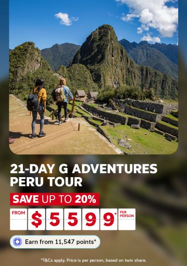 A travel promotional banner featuring two travellers with backpacks standing at a viewpoint overlooking the ancient Inca ruins of Machu Picchu, with the iconic green mountain peaks rising dramatically behind the stone terraces under a blue sky with scattered clouds. Text reads: "21-Day G Adventures Peru Tour – Save up to 20% – From $5,599* per person. Earn from 11,547 points*." Fine print states: "T&Cs apply. Price is per person, based on twin share."