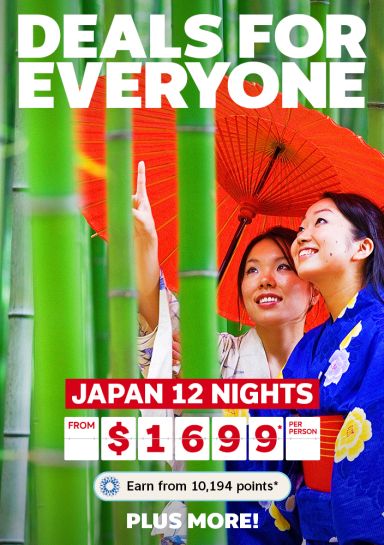 Two women smiling, pointing at bamboo featuring a 12-night Japan holiday from $1,699 plus more
