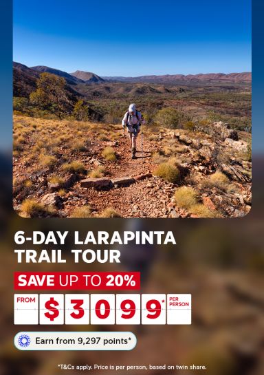 A travel promotional banner featuring a lone hiker with a backpack and trekking pole making their way along a rocky red dirt trail through the rugged Australian outback, with sweeping views of arid mountain ranges and scrubland under a clear blue sky. Text reads: "6-Day Larapinta Trail Tour – Save up to 20% – From $3,099* per person. Earn from 9,297 points*." Fine print states: "T&Cs apply. Price is per person, based on twin share."