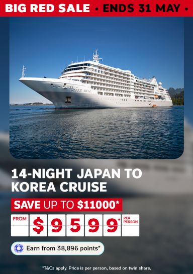 Silver Muse luxury cruise ship sailing calm blue waters for a 14-night Japan to Korea cruise saving up to $11000 from $9599 per person