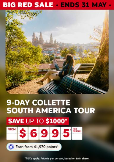 Traveller on a bench overlooking a sunlit cathedral city for a 9-day Collette South America tour saving up to $1000 from $6995 per person