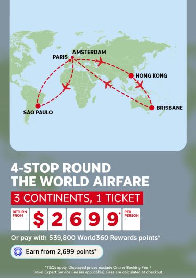 Flight Centre round-the-world flight route map connecting Paris, Amsterdam, Hong Kong, Brisbane and São Paulo featuring 4-stop airfare from $2699