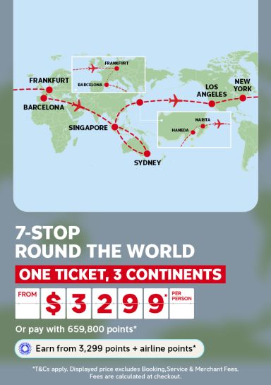 World map tracing a 7-stop round the world flight route across 3 continents for a one ticket deal from $3299 per person