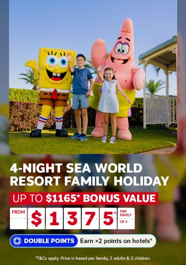 4-night Sea World Resort Family Holiday | exclusive $1,165* bonus value. From $1,375* per family of 4 - Double points - earn x2 points on hotels* | *Terms & conditions apply. | Spongebob and Patrick posing with children at a theme park