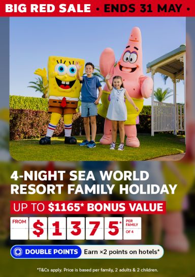 Big Red Sale - ends 31 May | 4-night Sea World Resort family holiday. Up to $1,165* bonus value from $1,375* per family of 4 | Double points - earn x2 points on hotels* | *T&CS apply. Price is based per family, 2 adults & 2 children | To children posing for a photo with Spongebob Squarepants and Patrick Starr