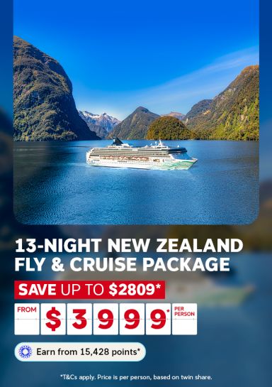 Cruise ship gliding through dramatic Milford Sound fjords in New Zealand for a 13-night fly and cruise package saving up to $2809 from $3999 per person