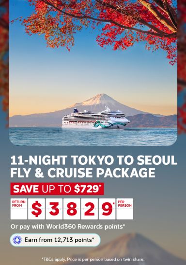 Cruise ship sailing past Mount Fuji at sunset for an 11-night Tokyo to Seoul fly and cruise package saving up to $729 from $3829 per person