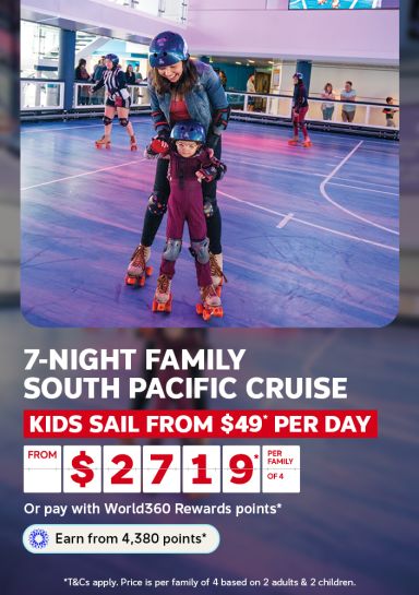 Mother and daughter rollerskating together for a 7-night family South Pacific cruise from $2719 per family of 4