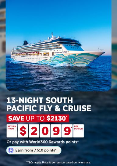 Cruise ship sailing open waters at golden hour for a 13-night South Pacific fly and cruise saving up to $2130 from $2099 per person