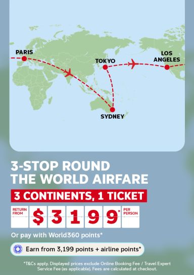 Map of the world with a plane flying from Brisbane to Tokyo to Los Angeles to Paris around the world from $3,199