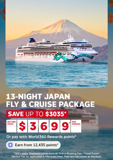 Norwegian Jade cruise ship sailing past Mount Fuji at sunset for a 13-night Japan fly and cruise package saving up to 3035 from 3699 per person