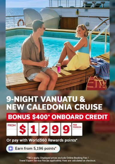 Couple relaxing poolside on a cruise ship for a 9-night Vanuatu and New Caledonia cruise from $1299 per person with $400 onboard credit