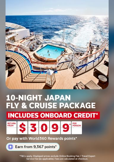 Passengers relaxing around a pool on the deck of a cruise ship over open ocean for a 10 night Japan fly and cruise package from $3099 return per person with onboard credit