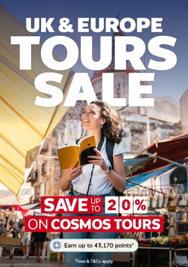 Woman holding guidebook in Mediterranean coastal town for Flight Centre UK and Europe tours with Cosmos Tours offering up to 20% savings