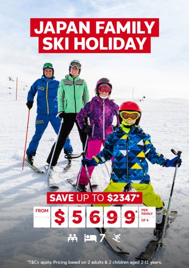 Japan family ski holiday | save up to $2,347* - from $5,699* per family of 4 | *T&Cs apply. Pricing based on 2 adults & 2 children aged 2-11 years. | Family of four wearing skis on a slope