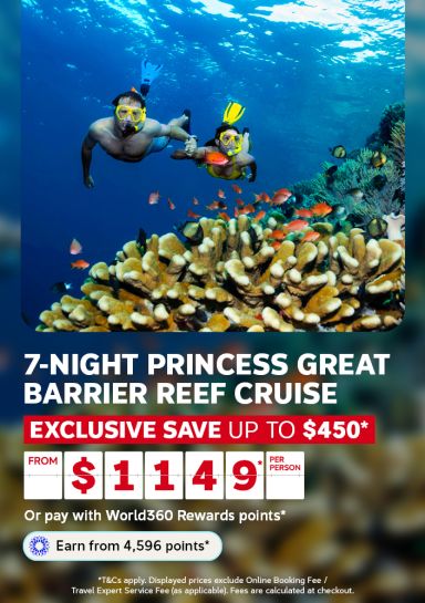 Two snorkellers over a coral reef among tropical fish for a 7 night Princess Great Barrier Reef cruise from $1149 per person saving up to $450
