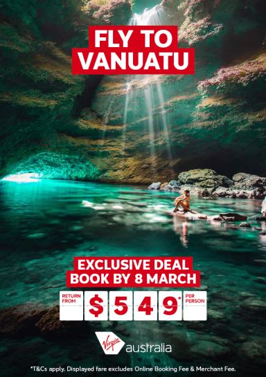 Fly to Vanuatu - exclusive deal. Book by 8 March | return from $549* per person | Virgin Australia - *T&CS apply. Displayed fare excludes Online Booking Fee & Merchant Fee. | Woman relaxing in a cave with water and sunlight streaming in from the ceiling