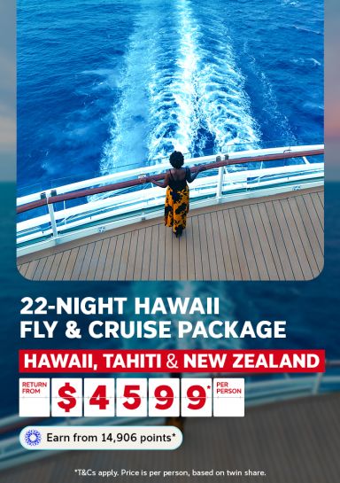 Woman on a cruise ship stern overlooking a foaming ocean wake for a 22-night Hawaii Tahiti and New Zealand fly and cruise package from $4599 per person