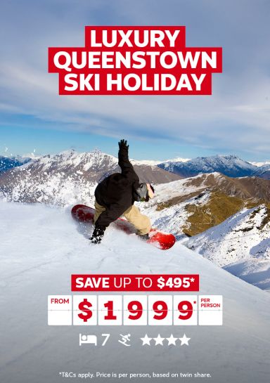 Luxury Queenstown ski holiday - save up to $495* | from $1,999* per person | *T&Cs apply. Price is per person, based on twin share | Person snowboarding