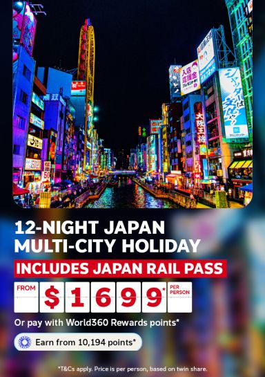 Neon lit Dotonbori canal glowing at night for a 12-night Japan multi-city holiday including Japan Rail Pass from $1699 per person
