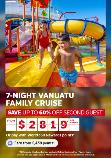 Mother and child laughing on a yellow waterslide for a 7-night Vanuatu family cruise saving up to 60% off second guest from 2819 per person