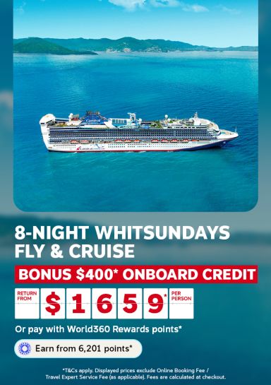 Carnival ship sailing turquoise Whitsunday waters for an 8 night fly and cruise from $1659 return per person with $400 bonus onboard credit