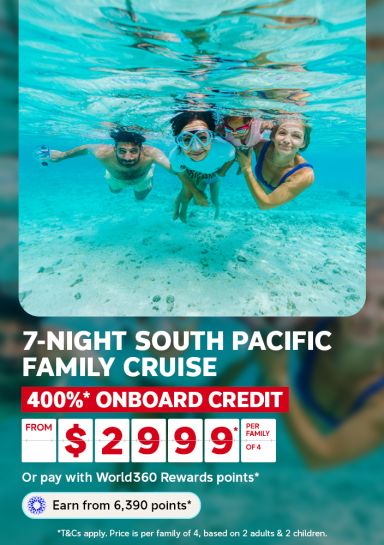 Family snorkeling together underwater over a sandy seabed for a 7-night South Pacific family cruise with $400 onboard credit from $2999 per family