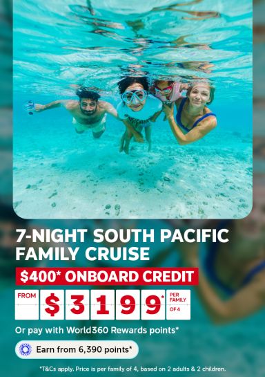 Family snorkeling together underwater over a sandy seabed for a 7-night South Pacific cruise with $400 onboard credit from $3199 per family of 4