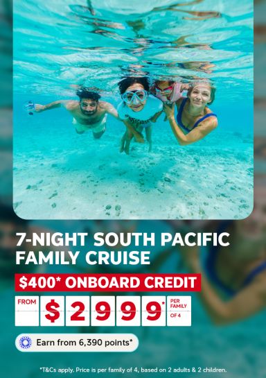 Family snorkelling together in crystal-clear turquoise water for a 7-night South Pacific family cruise with $400 onboard credit from $2999 per family of 4