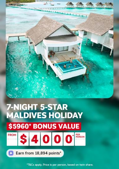 Overwater villa with a private plunge pool above turquoise Maldives lagoon for a 7-night 5-star holiday with $5960 bonus value from $4000 per person