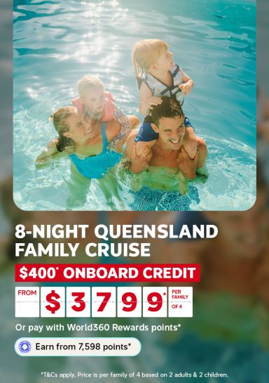 Family playing in pool with children on shoulders for an 8-night Queensland family cruise with $400 onboard credit from $379 per family