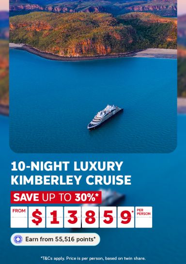 Aerial view of a cruise ship on vivid blue Kimberley waters for a 10-night luxury Kimberley cruise saving up to 30% from $13859 per person