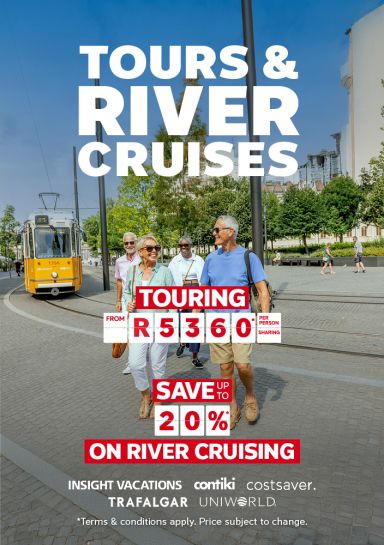Elderly people crossing a road in front of an orange tram featuring tours & river cruises including touring from R5360 and savings up to 20% on river cruising