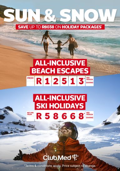 A view of a family on an island holiday and another on a ski holiday regarding holiday packages from Flight Centre