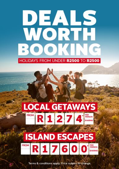 Four hikers celebrating at the waterfront including deals worth booking such as local getaways from R1274 per person and island escapes from R17600 per person